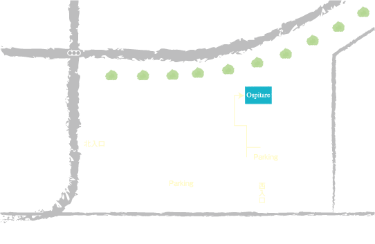 案内地図：北面道路の北入口、もしくは西面道路の西入口からお入りください